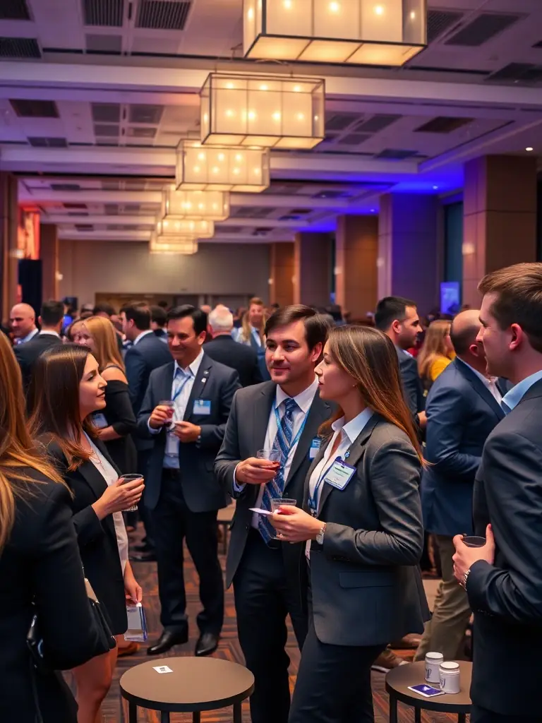 A photograph of a networking event at the BizSummit UK conference, capturing attendees engaging in conversations and building connections.