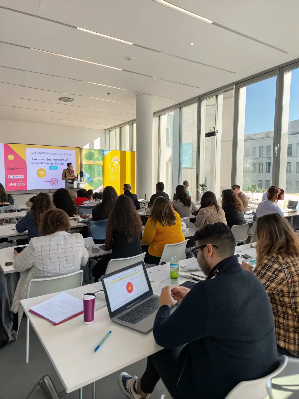 A photograph of a workshop session on 'Digital Marketing Strategies' at the BizSummit UK conference, showing attendees actively participating in the learning process.