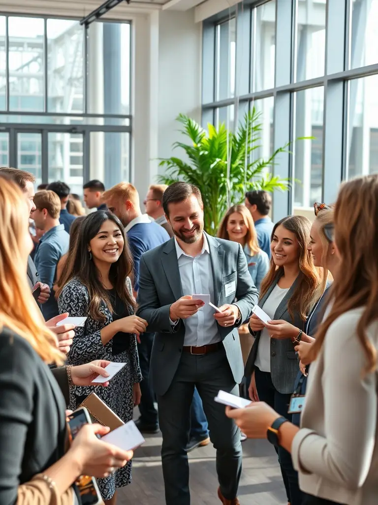 A picture of a networking event, with attendees exchanging business cards and engaging in conversations, set against the backdrop of the conference venue. This image will be used to promote networking opportunities.